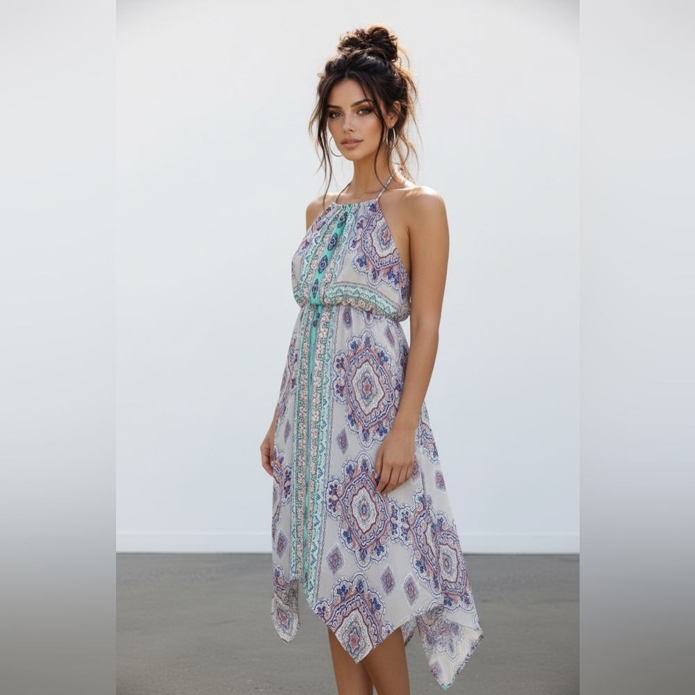 Cato halter cottage handkerchief dress Lavender and teal. Medium